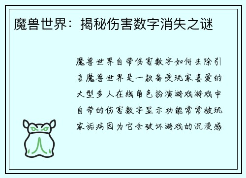 魔兽世界：揭秘伤害数字消失之谜